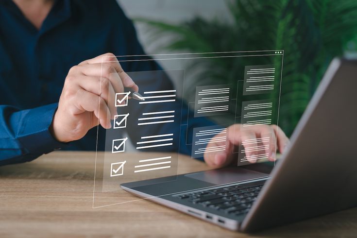 Accueil electronic smart checklist and document on virtual screens concept, business people check electronic documents on digital documents, paperless offices,working on borderless communication technology